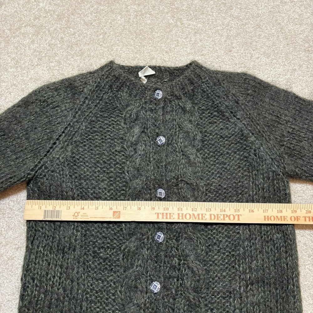 Vtg Mohair Cardigan Sweater Womens M Green Hand Knit Cable Shaggy Grunge 50s 60s - Picture 6 of 9